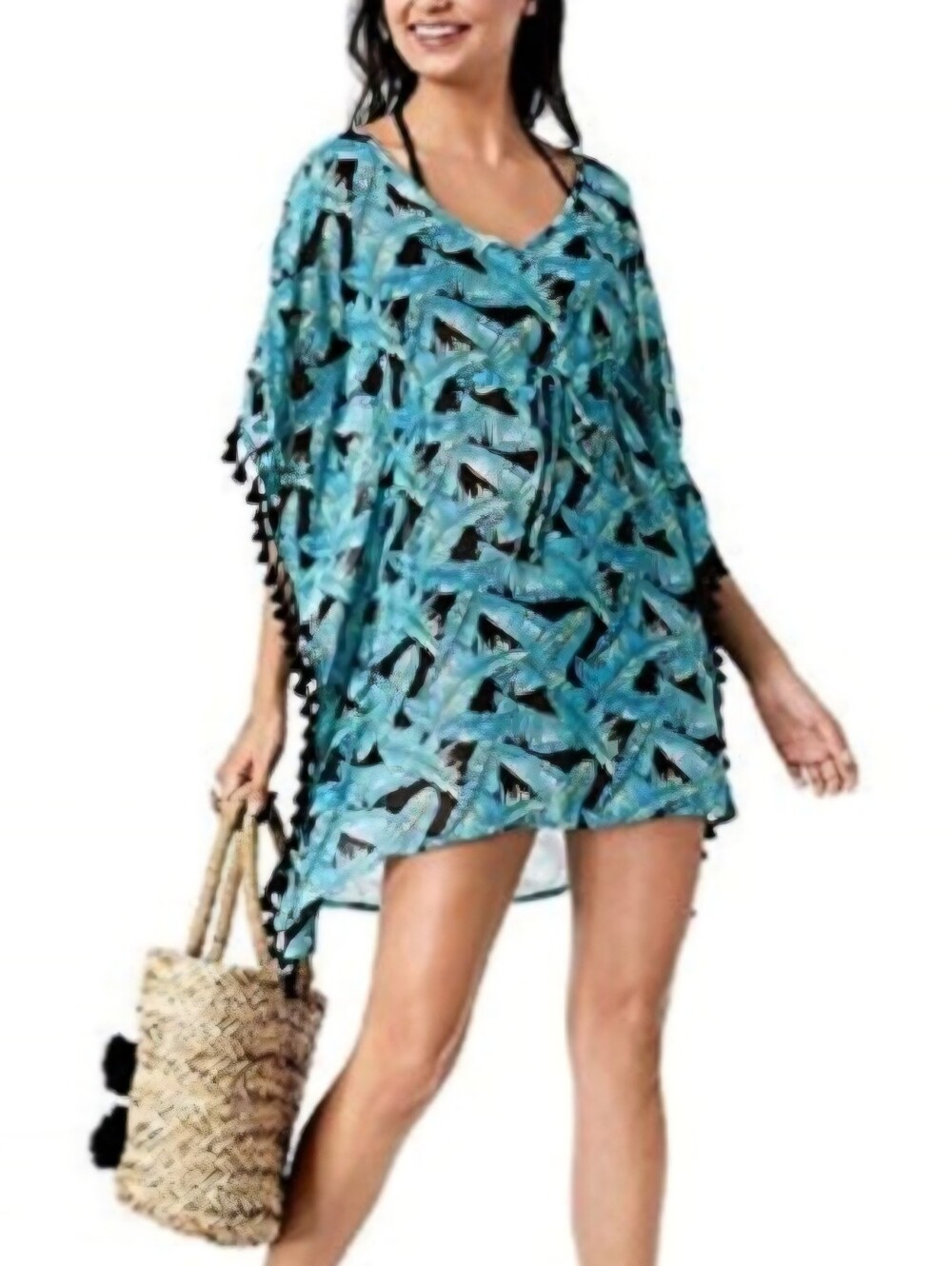 🆕️ Miken Turquoise Leaf-Print Tassel Tunic XL Beach Swimsuit Cover-Up